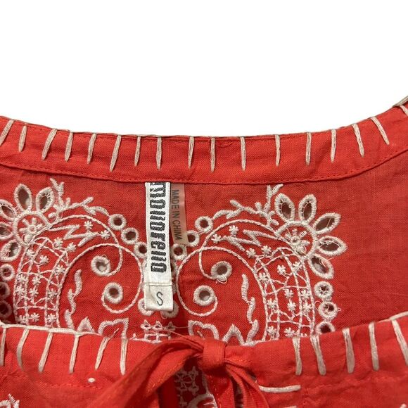 Monoreno Embroidered  100 % Linen Peasant Blouse Long Sleeve Salmon Red Small - Picture 6 of 15
